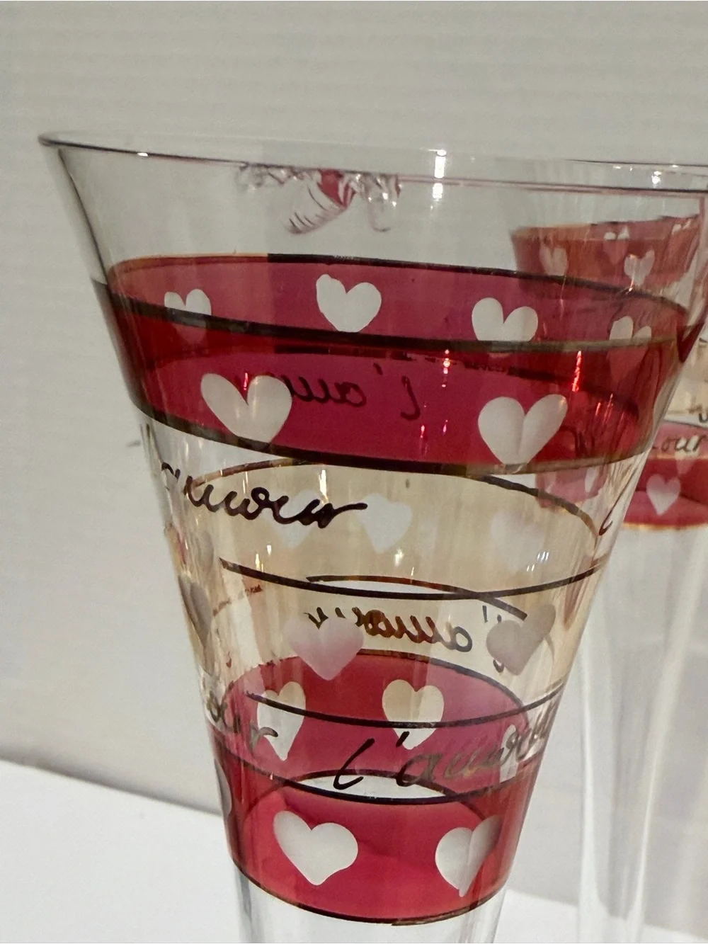 VINTAGE ETCHED HEARTS RUBY RED FLUTES CHAMPAGNE L'AMOUR 11